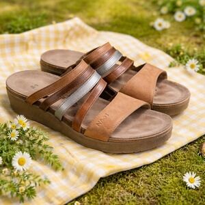 Naot Leather Multi-Strap Platform Wedge Slide Sandals Brown Silver Size 39 US 8